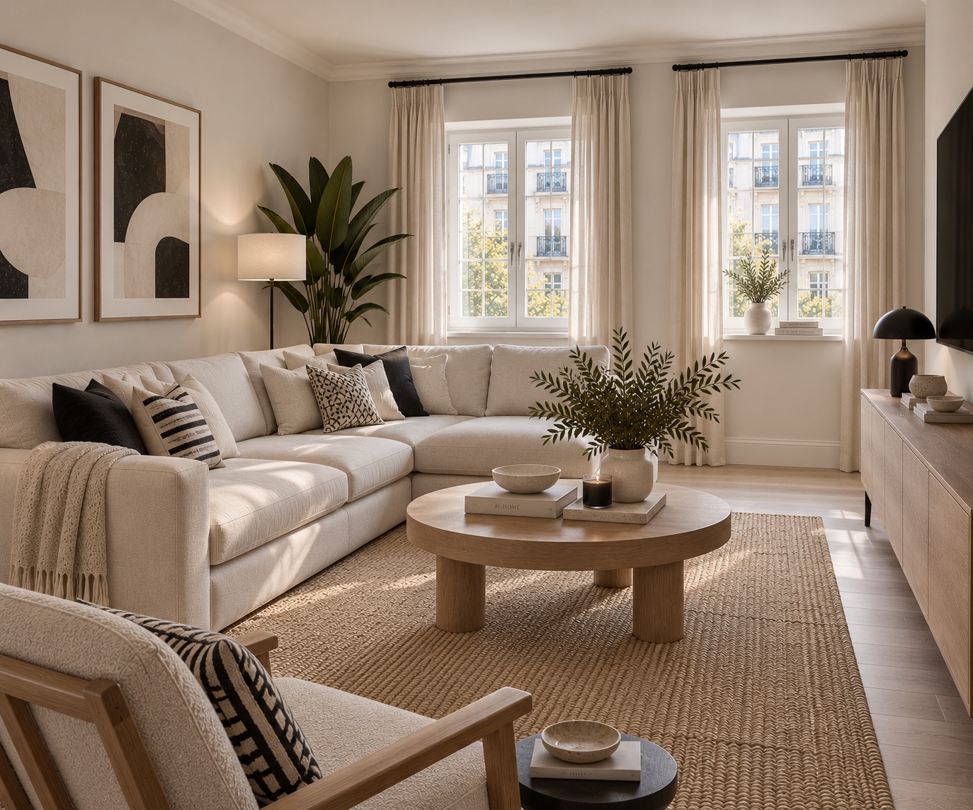 Contemporary living room with beige sectional sofa, wooden coffee table, and wicker rug, embracing Scandinavian style — Rooms