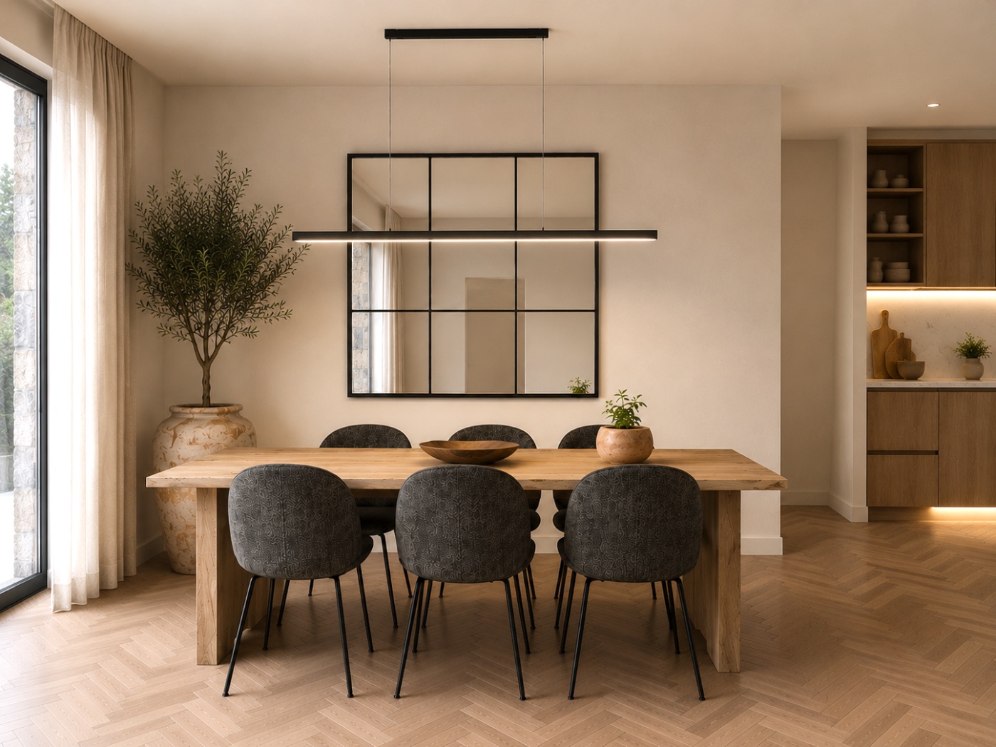 Modern bold dining room with solid oak table, charcoal upholstered chairs, and a large black grid wall mirror, Rooms and You