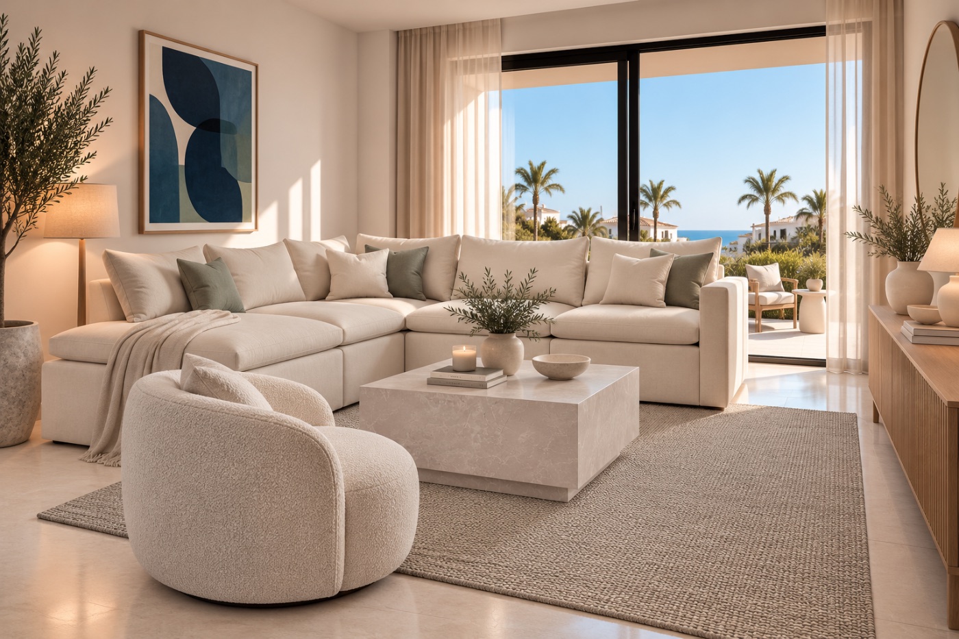 Warm minimalist living room with cream sectional, boucle chair, stone coffee table and neutral textured rug, Rooms & You