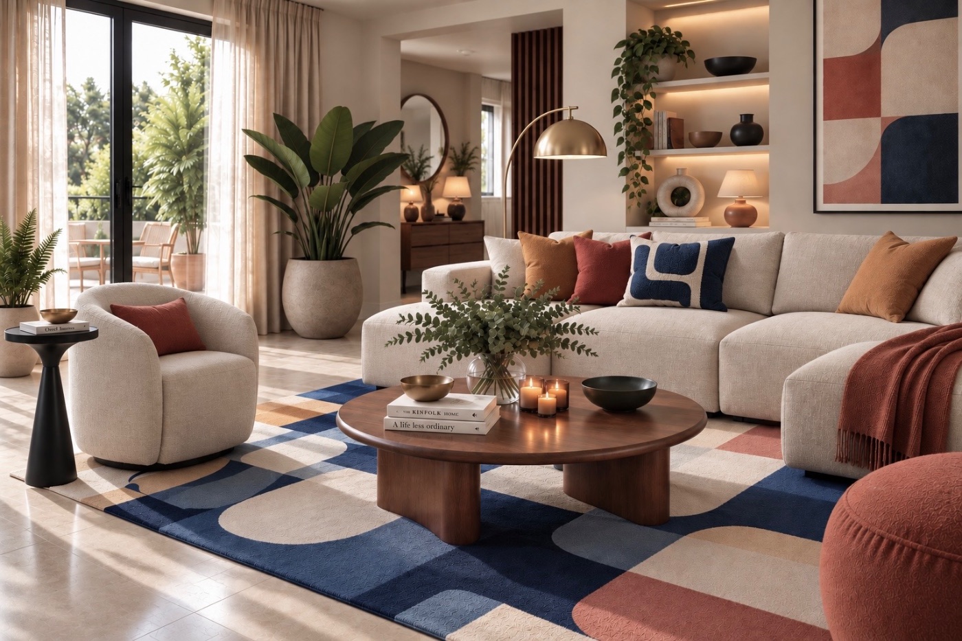 Warm eclectic living room with a cream sectional sofa, a dark wood round coffee table, and a colorful swirl rug | Rooms & You