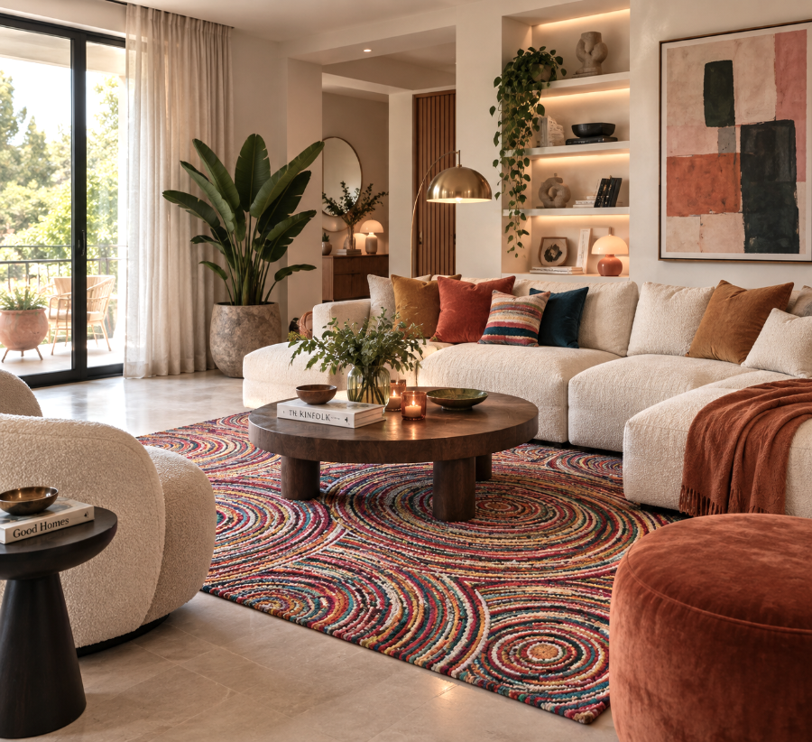 Expressive eclectic living room balancing colorful patterns, unique art, and mixed design eras