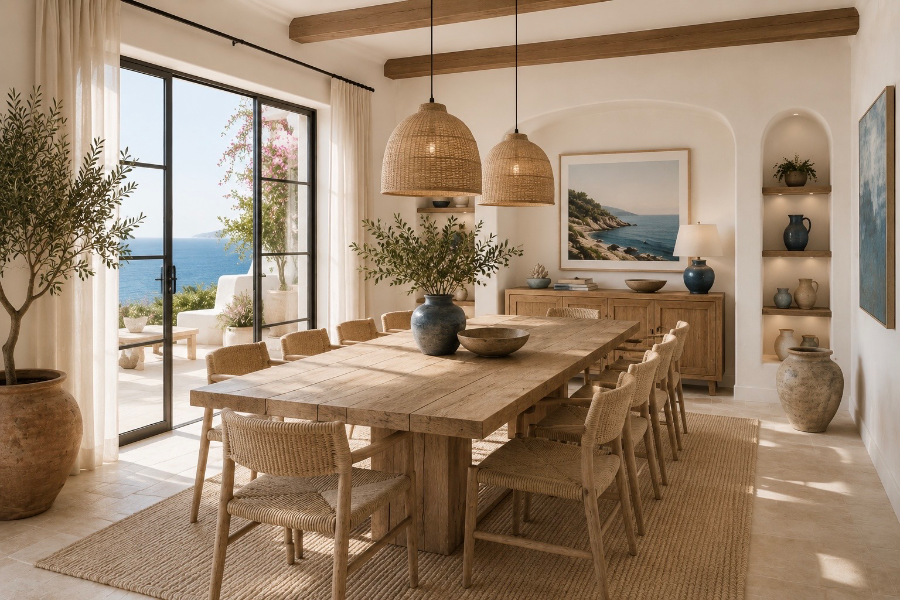 Modern Mediterranean interior featuring natural stone walls, warm wood tones, and organic textures