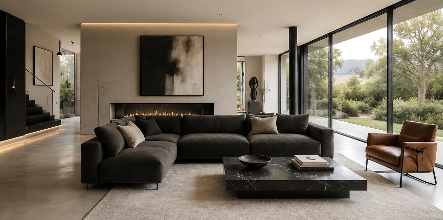 Contemporary architectural living space with dark metal accents and sculptural statement furniture