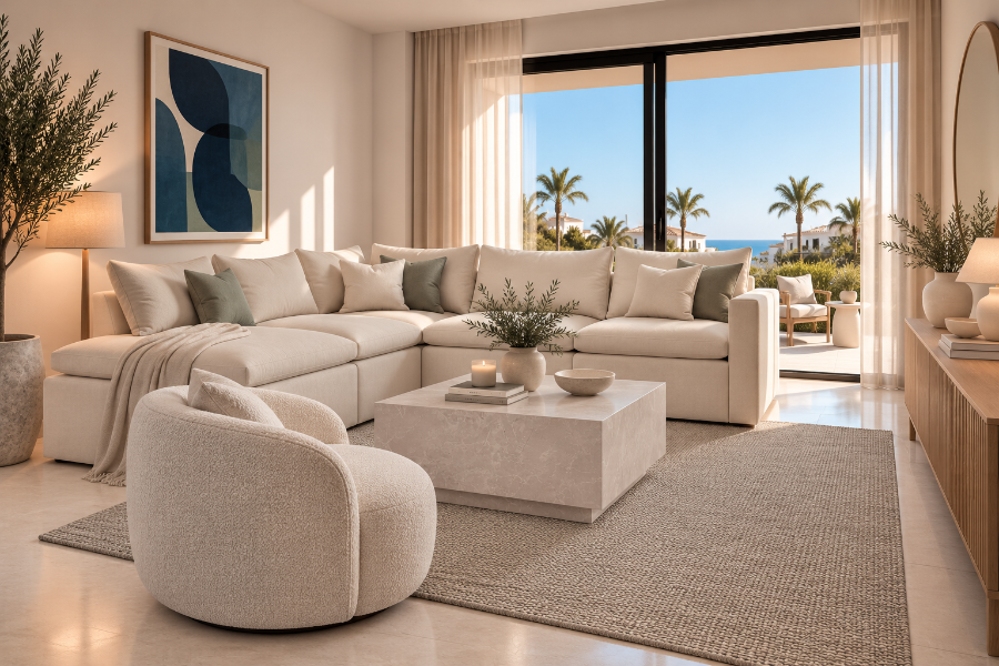 Warm minimalist living room with soft oak furniture, cream linen sofa, and Japandi decor